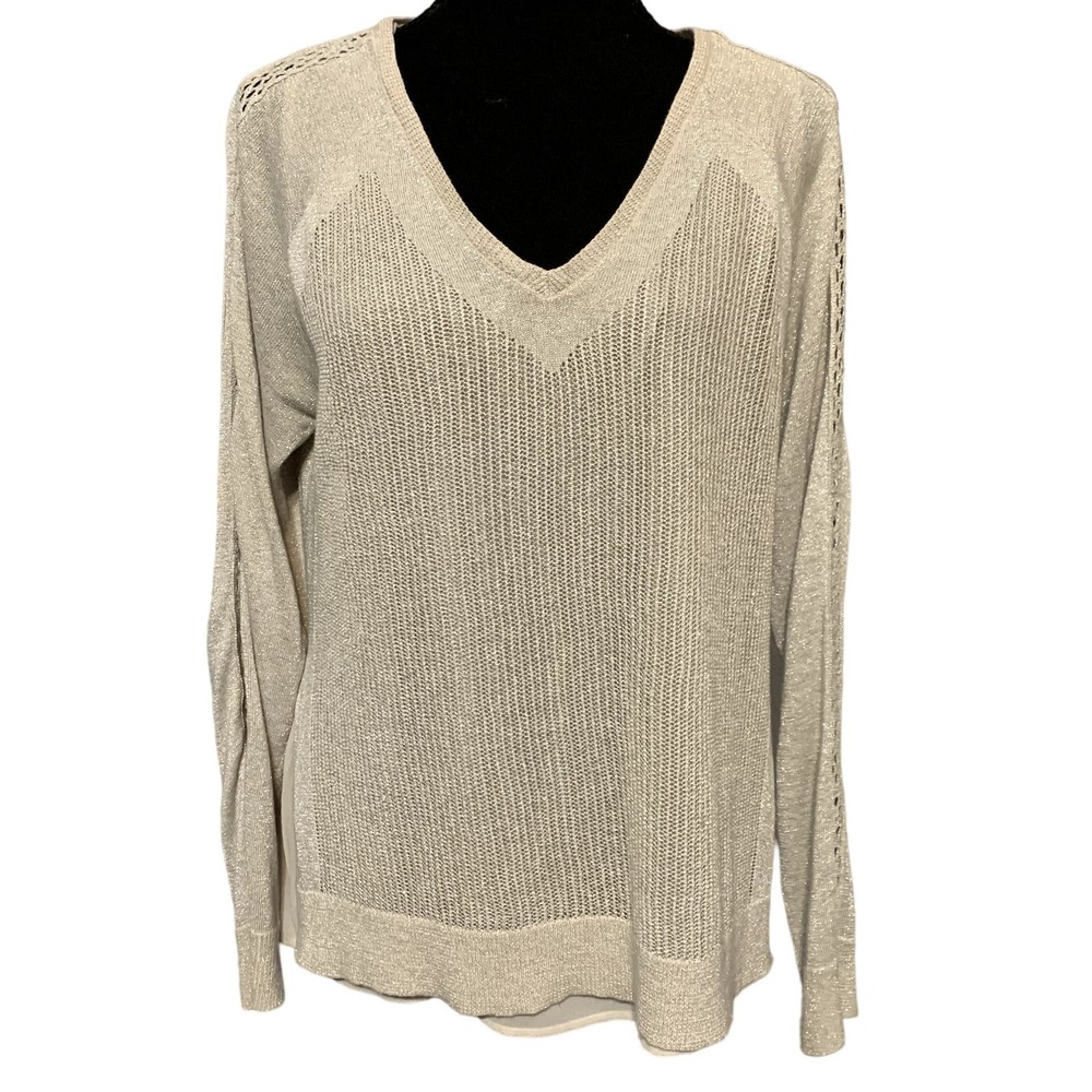 Lucky Brand Metalic Champaign Long Sleeve Knit Sweater Size Medium
